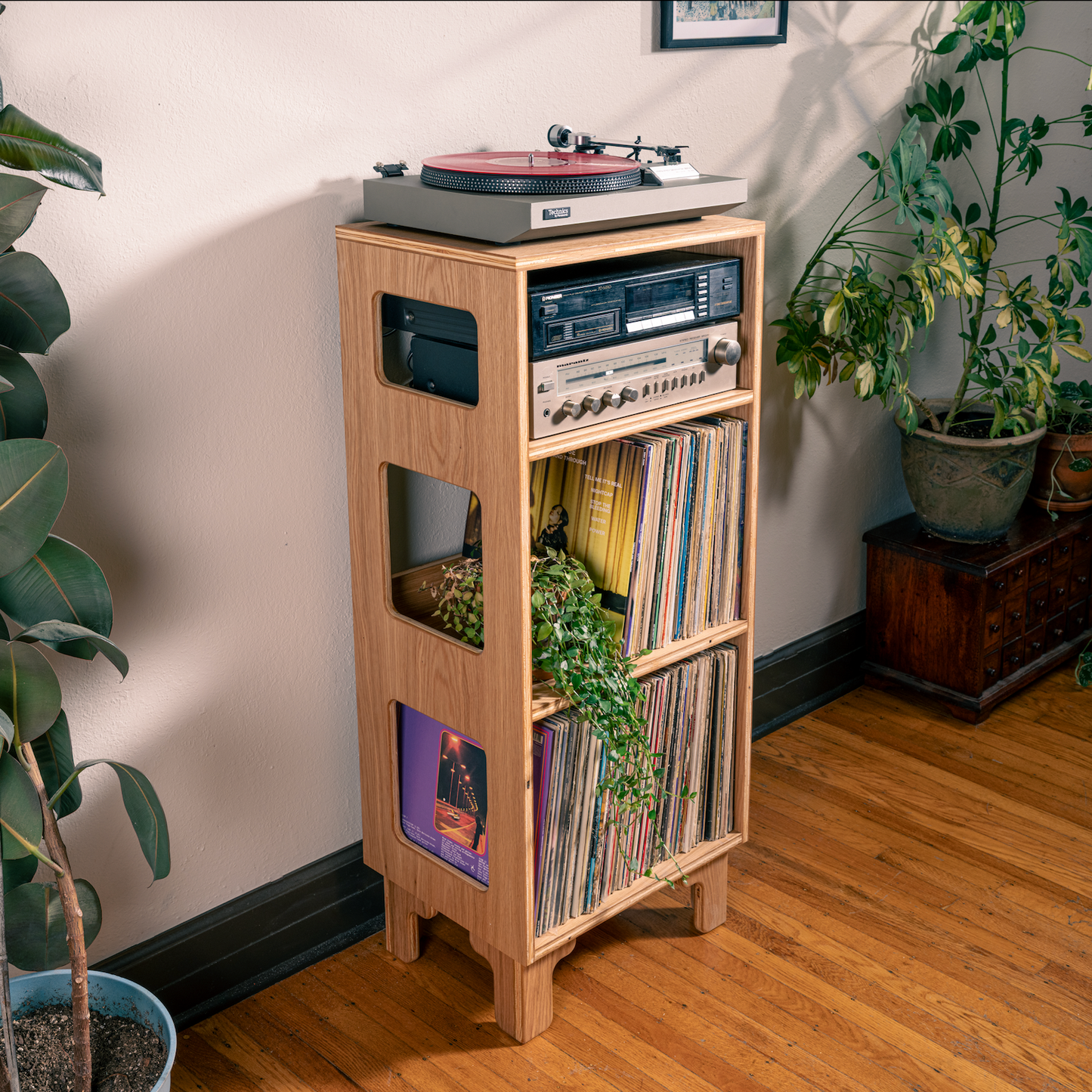 A light natural wood record player stand in a home setting, holding a turntable on top and filled with vinyl records, with houseplants and a wooden floor in the background.