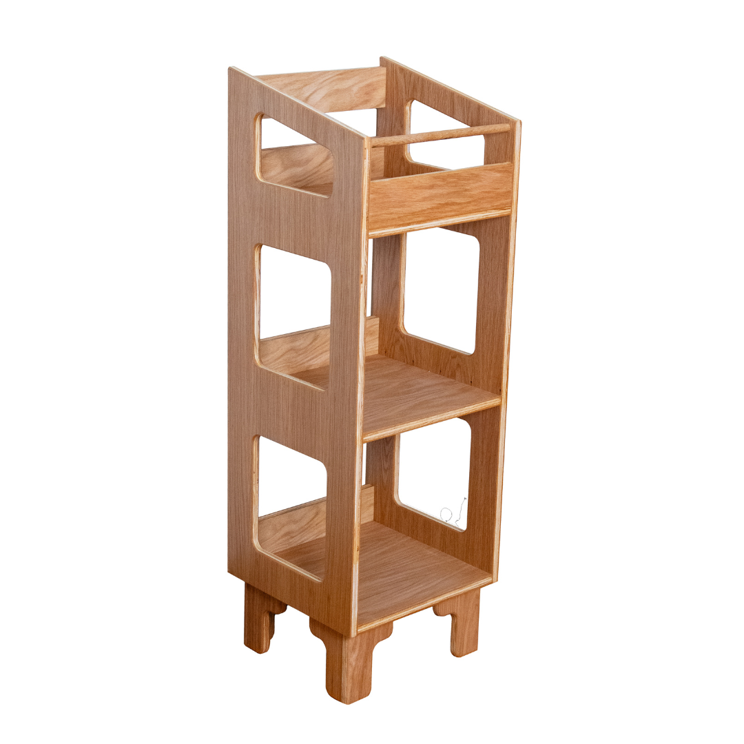 A three-tier wooden display shelf with a light oak finish, featuring cutout side panels and a slanted top shelf, shown on a plain white background.
