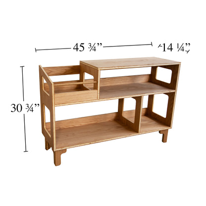 Wooden shelf with dimensions labeled on a white background
