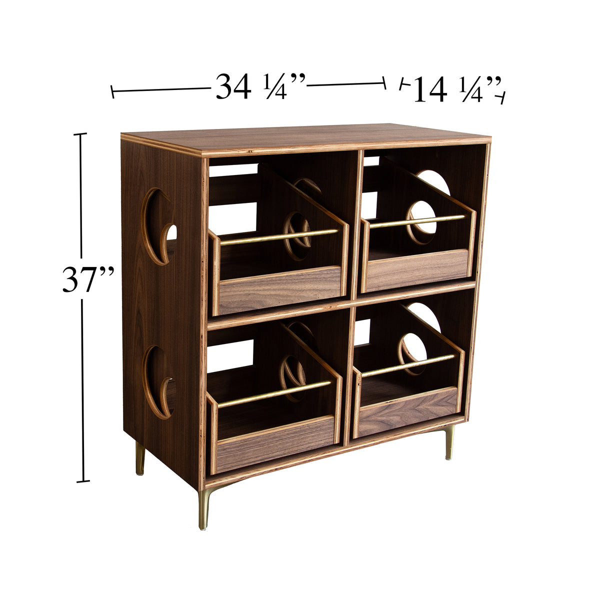 Wooden storage unit with dimensions labeled on a white background
