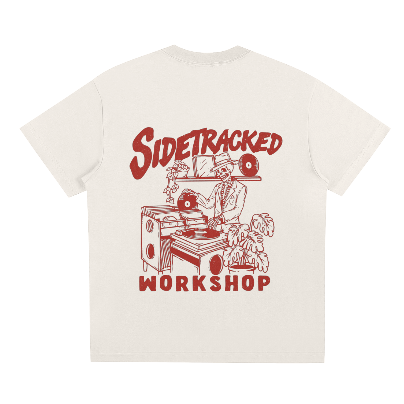 White t-shirt with red graphic and text 'Sidetracked Workshop' on a white background