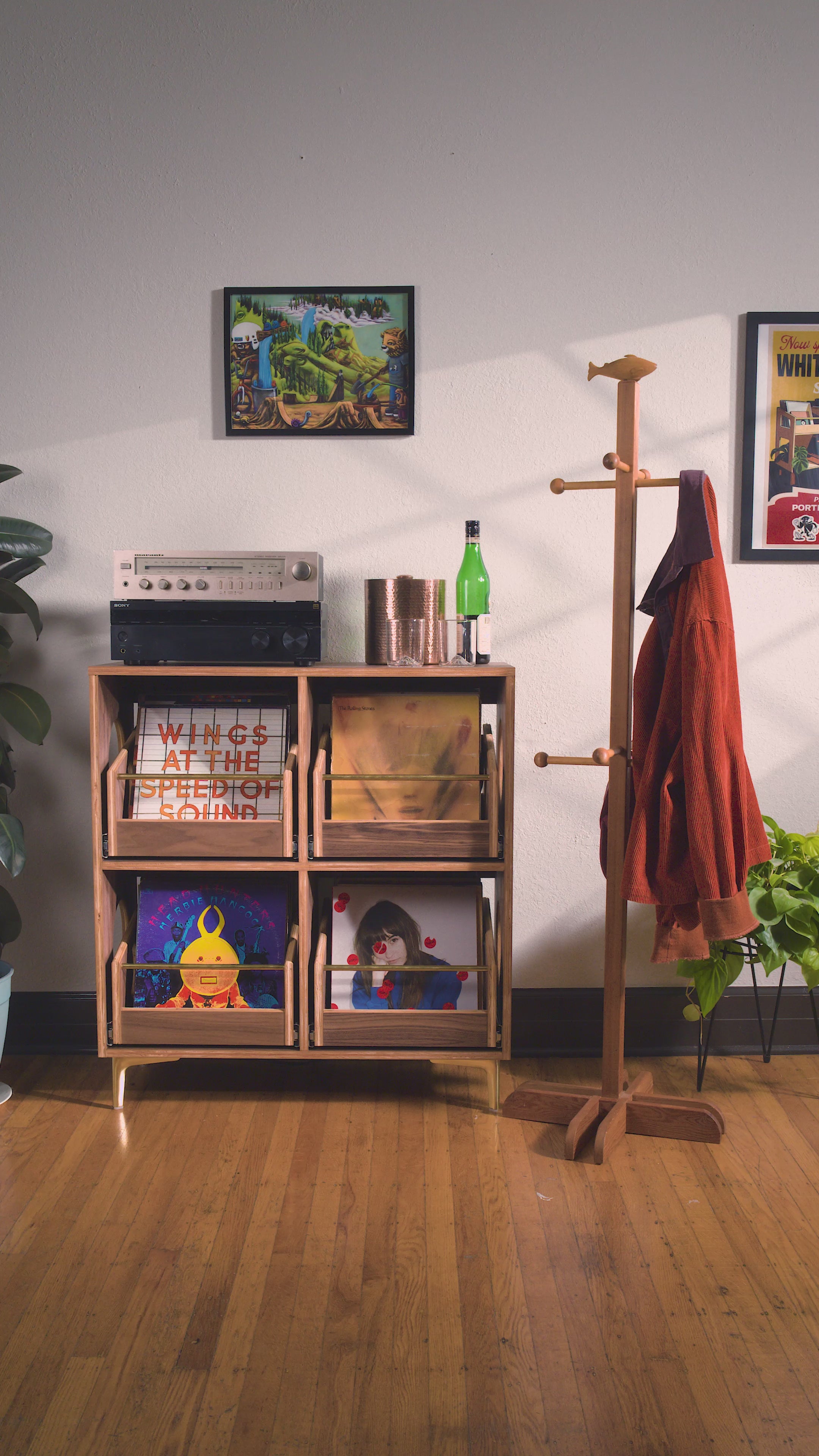 Walnut vinyl cabinet with drawers
