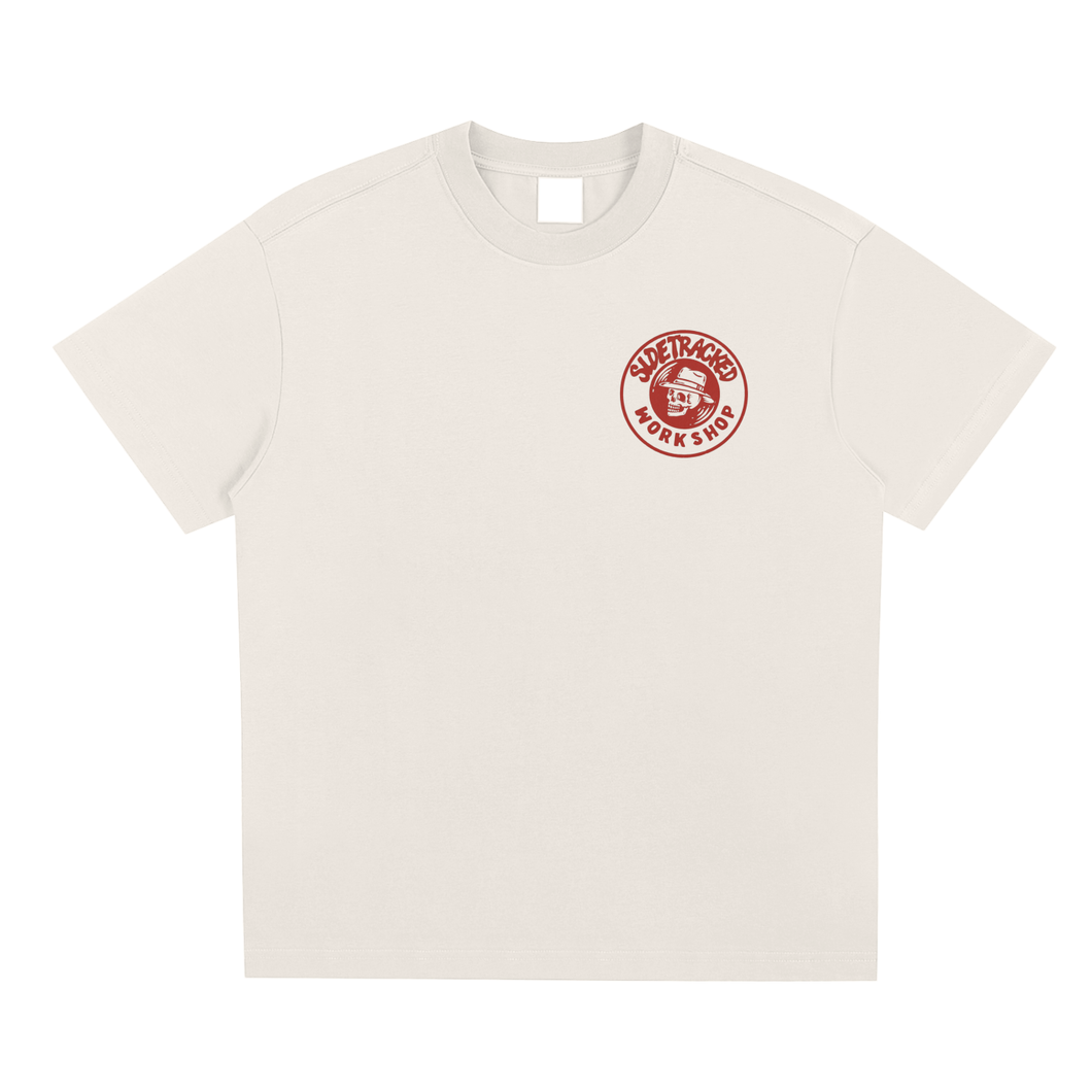Beige t-shirt with a red logo on a white background